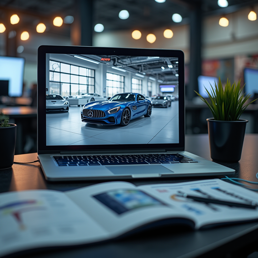 Сучасний офісний простір з автомобільними журналами та ноутбуком, на екрані якого відображаються дані досліджень автомобілів
