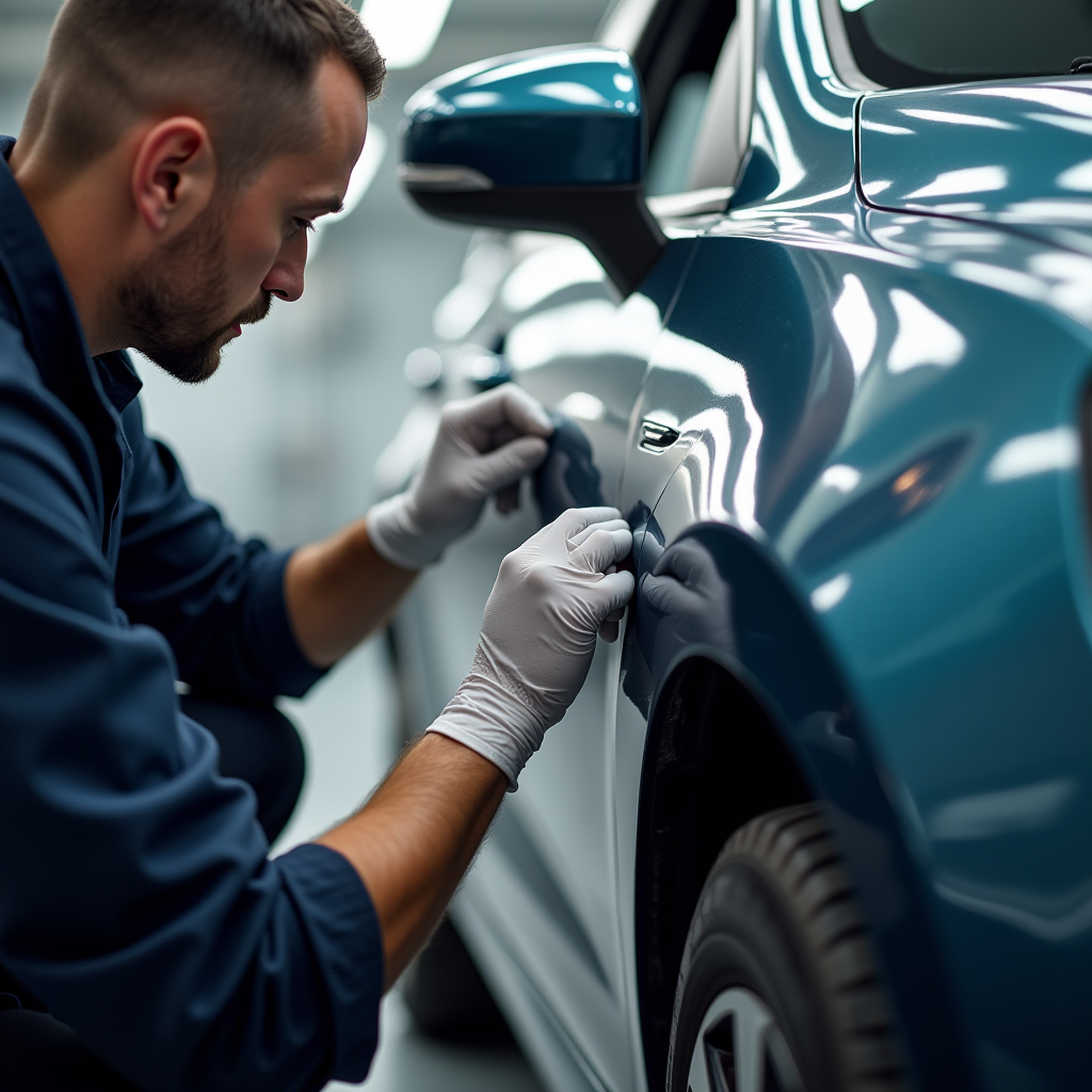 Професійний інспектор ретельно оглядає кузовні панелі автомобіля при яскравому денному світлі, перевіряючи наявність невідповідностей фарби та ознак кузовного ремонту