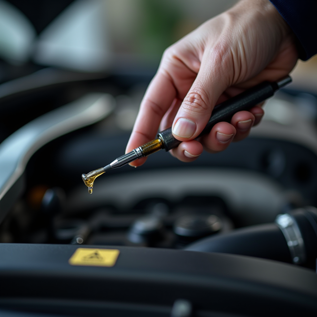 Крупний план руки механіка, що витягує масляний щуп з двигуна автомобіля, щуп показує чисту золотисту оливу, на задньому плані видно моторний відсік сучасного автомобіля