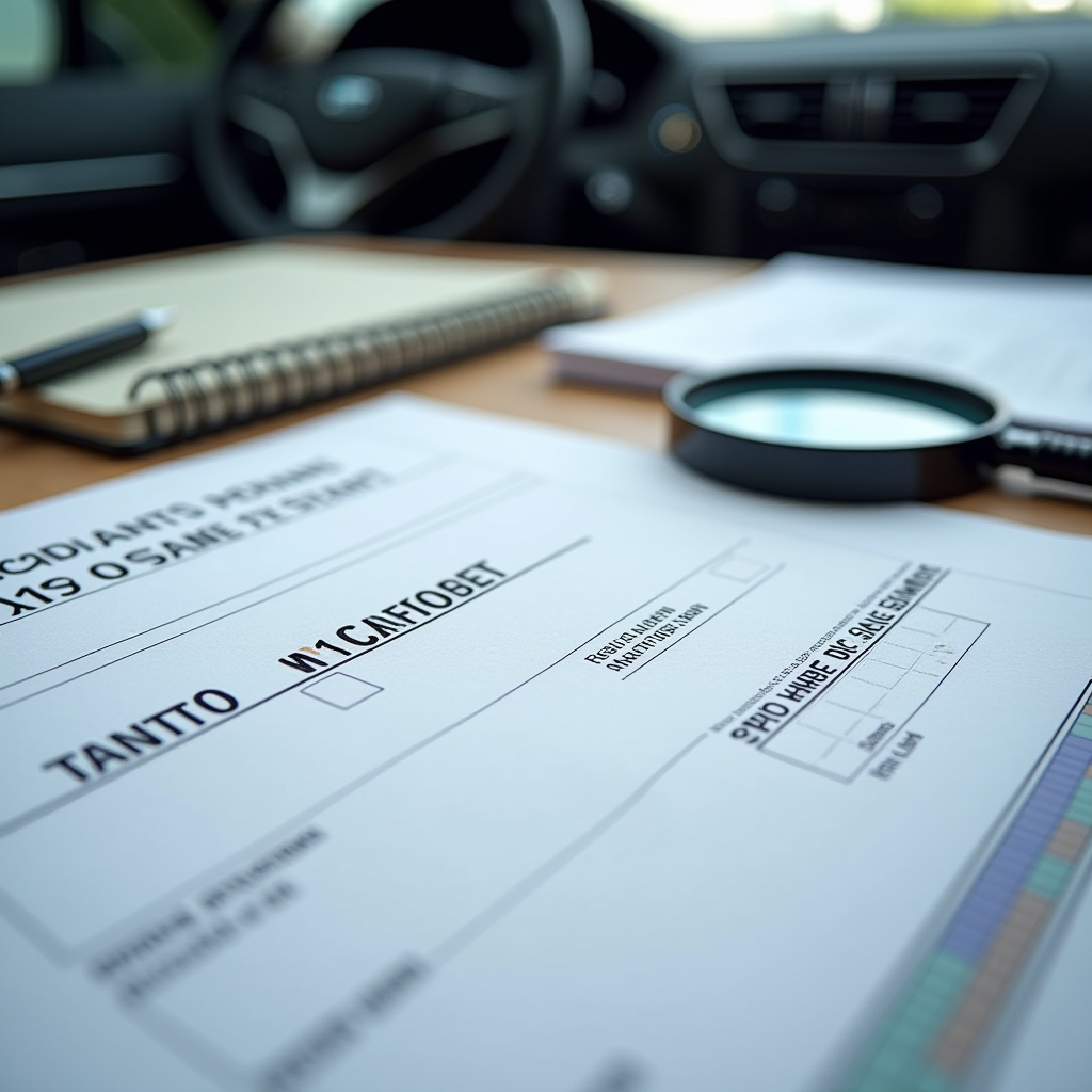 Документи на автомобіль розкладені на столі: свідоцтво про реєстрацію транспортного засобу, технічний паспорт, договір купівлі-продажу, збільшувальне скло для перевірки деталей, ручка та блокнот для нотаток
