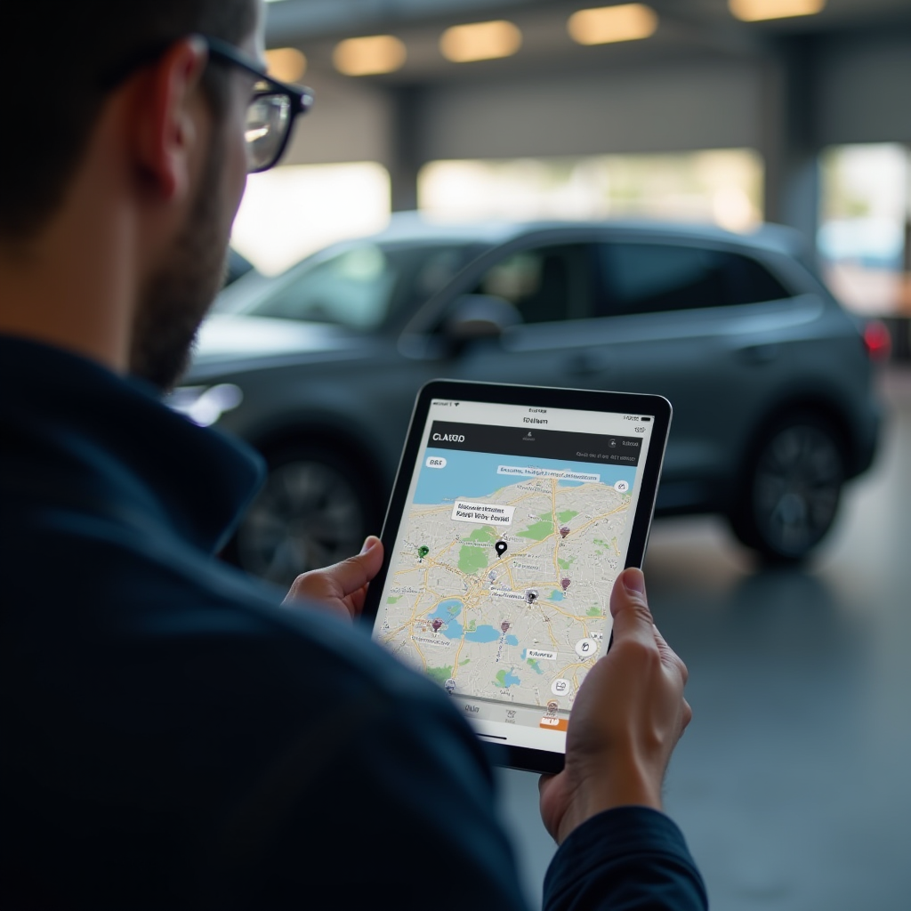 Людина читає автомобільний гайд на планшеті з автомобілем на задньому плані