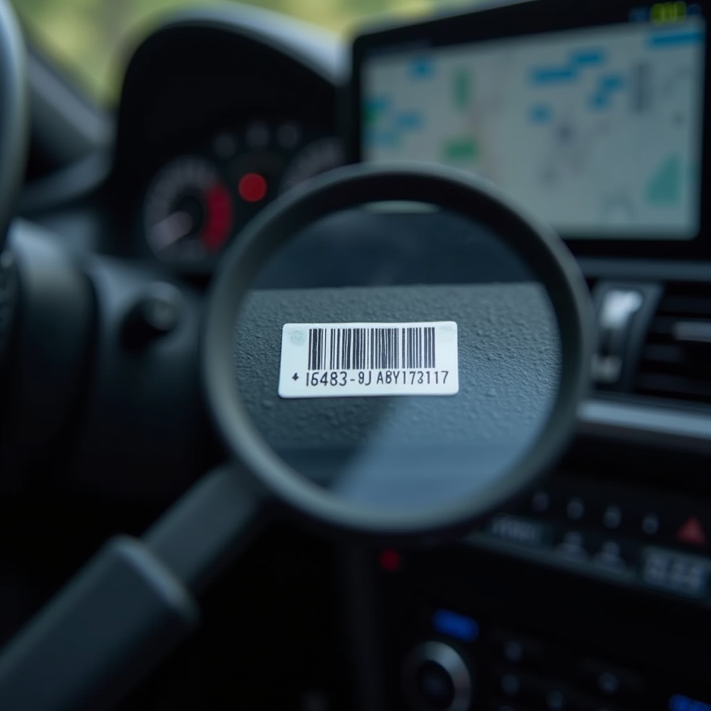 Close-up view of a vehicle identification number (VIN) plate mounted on a car dashboard, showing the 17-character alphanumeric code clearly visible with a magnifying glass nearby, professional automotive documentation setting with technical diagrams in the background