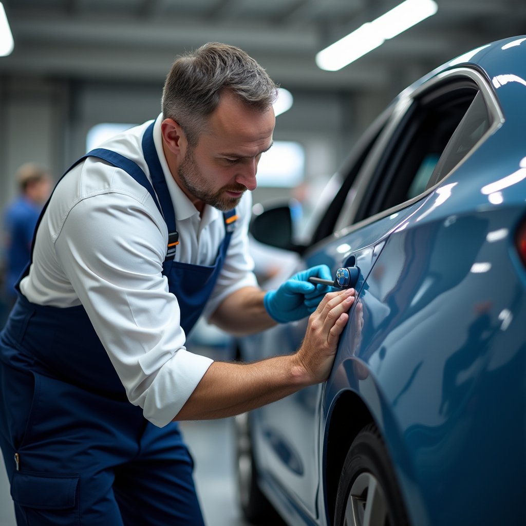Professional automotive inspector examining car body panels in bright daylight, checking paint texture and color consistency with inspection tools, showing areas of potential previous repair work and repainting on vehicle exterior