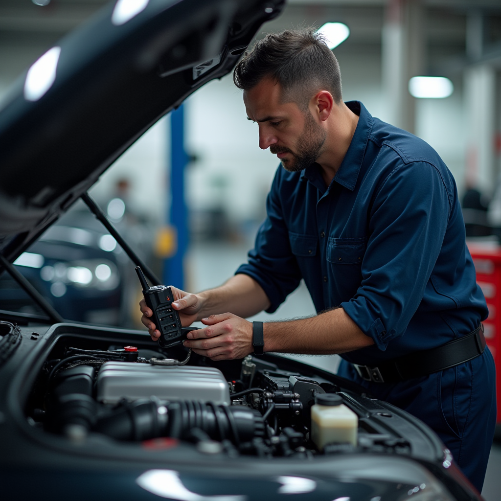 Механік перевіряє двигун автомобіля за допомогою діагностичних інструментів