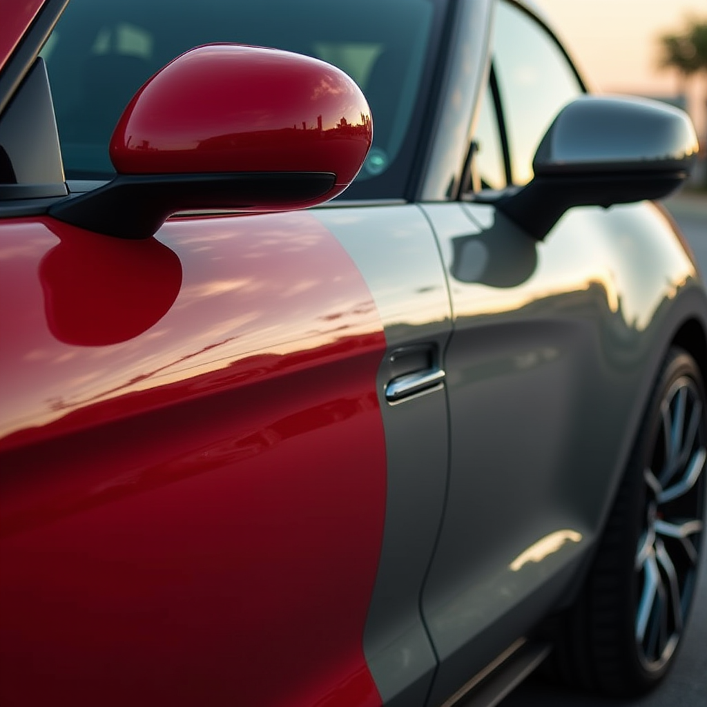 Детальне порівняння кузовних панелей автомобіля, що показує тонку невідповідність кольору між оригінальними та перефарбованими секціями, помітну під сонячним світлом