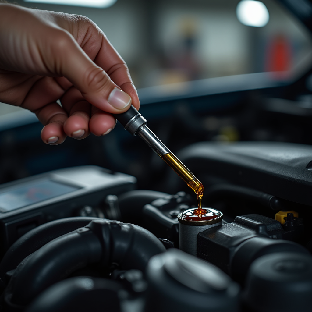 Mechanic's hand pulling out engine oil dipstick from car engine, showing oil level and color against bright workshop lighting, close-up view of oil consistency and texture on dipstick, automotive maintenance tools and clean engine bay visible in background