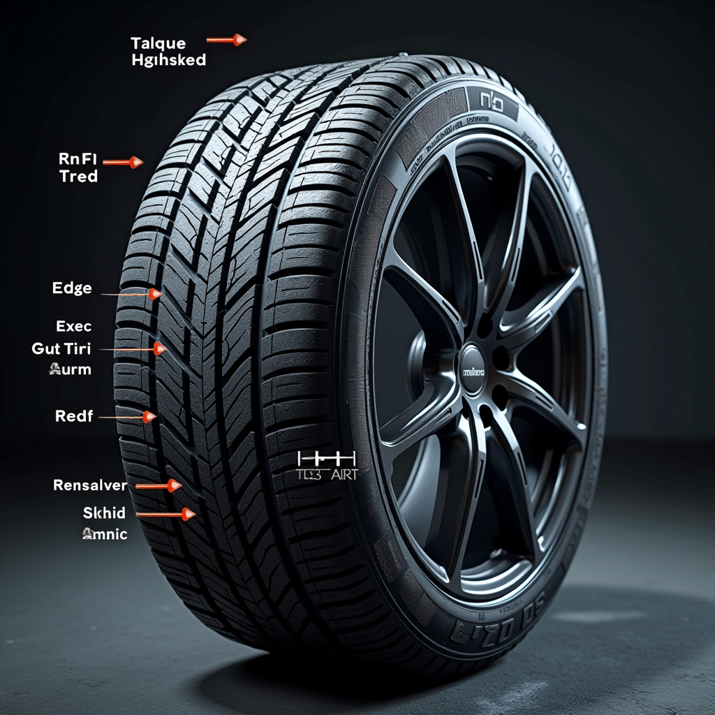 Detailed view of car tire showing different wear patterns including center wear, edge wear, and uneven tread depth, with measurement tools and indicators pointing to specific wear areas, automotive tire inspection educational image