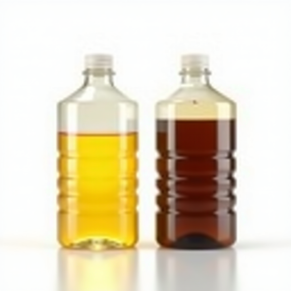 Два прозорих контейнери поруч: один зі свіжою золотистою моторною оливою, інший з використаною темно-коричневою оливою, обидва на білому фоні з хорошим освітленням