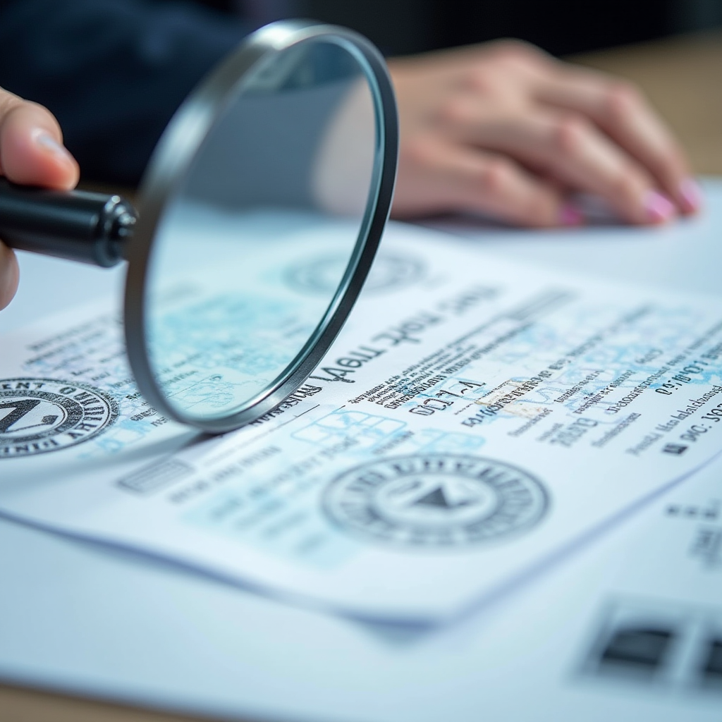 Ukrainian vehicle registration certificate and ownership documents laid out on desk with magnifying glass examining details, official automotive paperwork with stamps and seals, document verification process photography