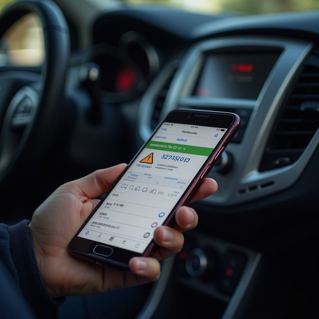 Покупець автомобіля використовує VIN-декодер на смартфоні для перевірки інформації про машину під час огляду, порівнюючи дані з документами