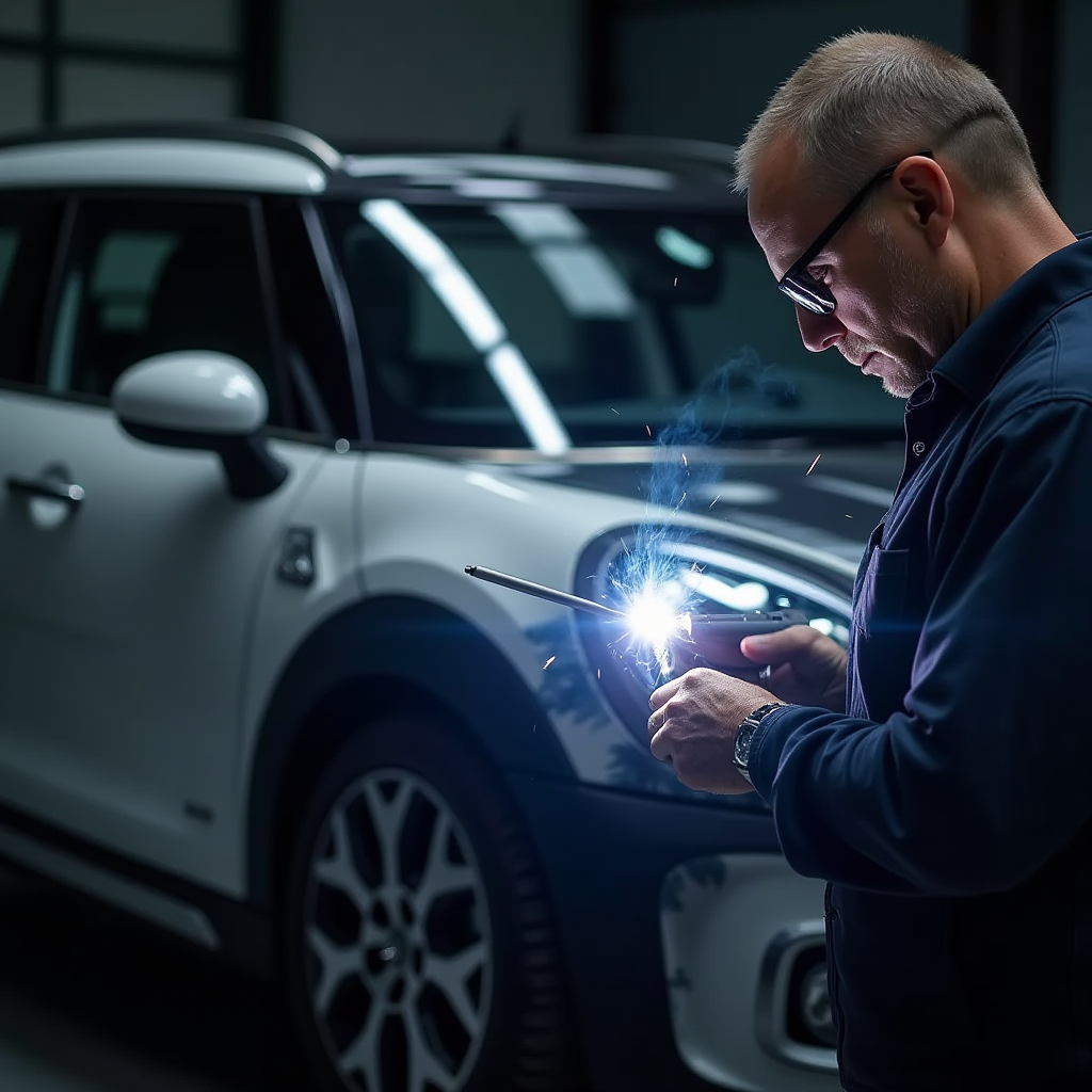 Інспектор перевіряє зазори між кузовними панелями, вирівнювання дверей та точки зварювання на предмет ознак попереднього ремонту після зіткнення