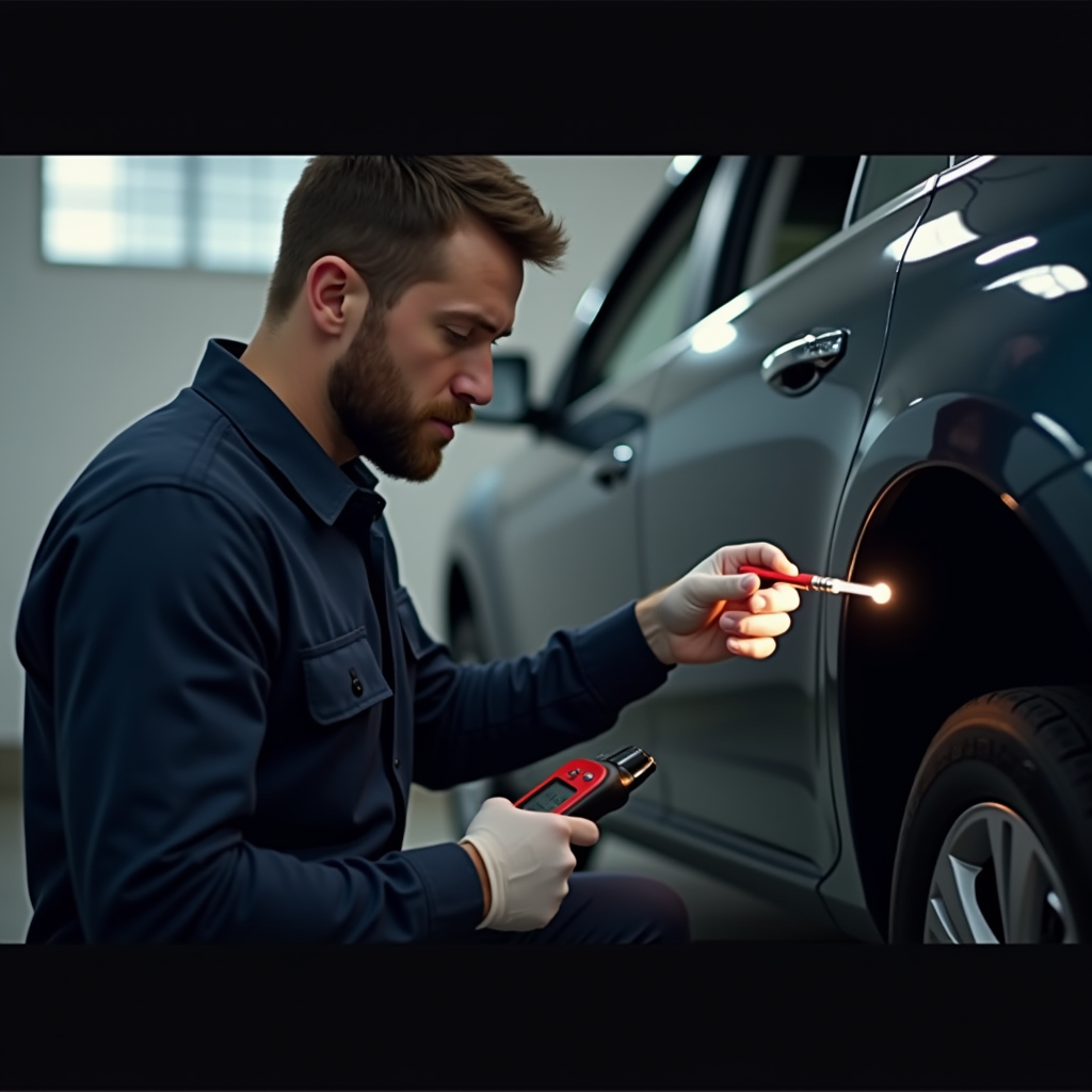 Професійний автоінспектор з інструментами: товщиномір фарби, ліхтарик, магніт, виконує комплексну перевірку кузова автомобіля