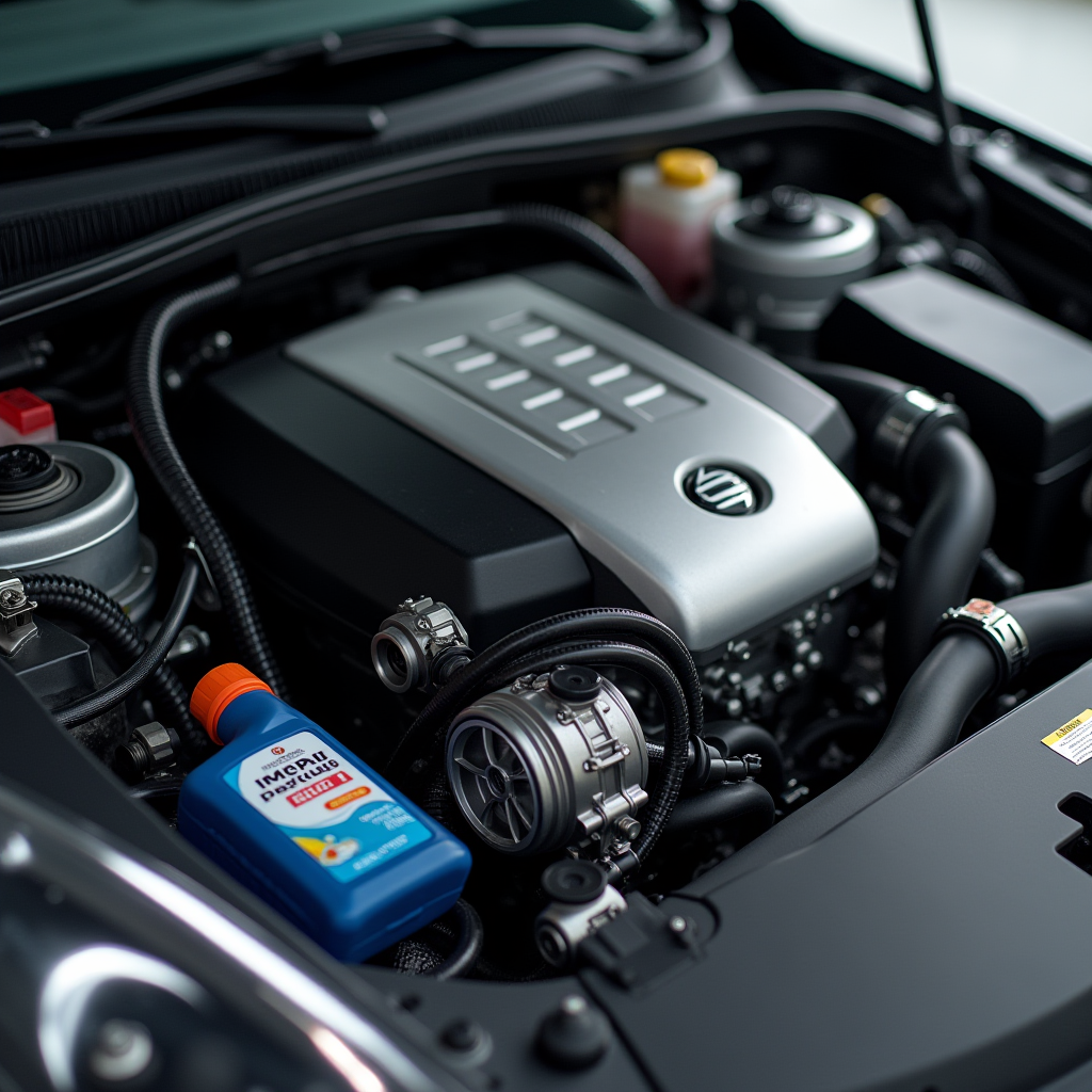 Чистий, доглянутий моторний відсік сучасного автомобіля, видно блискучі металеві поверхні двигуна, акуратно розташовані шланги та провода, на передньому плані пляшка з якісною моторною оливою